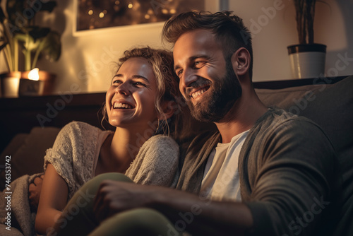 Adult couple watching TV at home while sitting on sofa illuminated by warm cozy light, copy space. Thirty-year-olds smile while sitting nearby. Leisure and relaxation concept