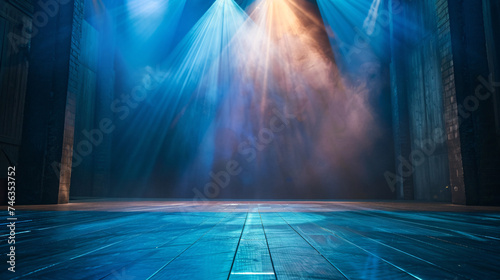 Close-up of an empty stage set for a modern dance performance, with dynamic lighting casting dramatic shadows photo