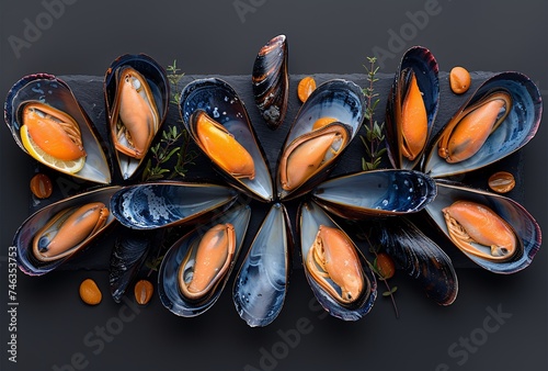 a group of mussels on a black surface