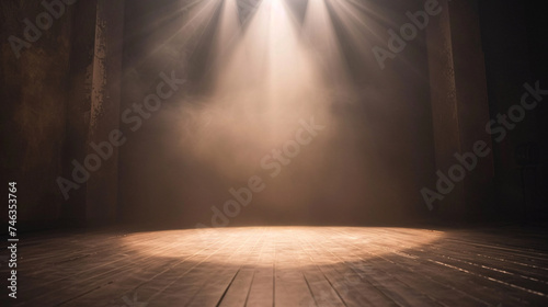 Close-up of an empty stage set for a modern dance performance, with dynamic lighting casting dramatic shadows