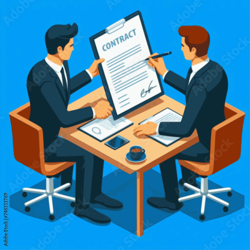 Blue Background Isolation: A Contractual Scene Featuring Two Business Individuals in Isometric View