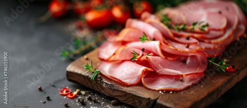 Rustic Wooden Cutting Board with Sliced Prosciutto Ham for Charcuterie Platter