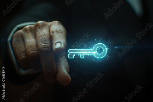 Hand pushing button on touchscreen interface for business technology, key and lock, safety data concept. Generative Ai Illustration.