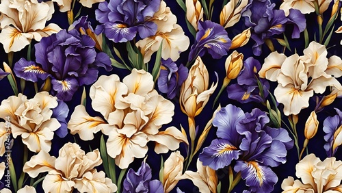 Seamless floral pattern with iris flowers on a blue background, Oil or pastel drawing. Seamless pattern of different flowers and leaves on a dark blue background, AI generated
