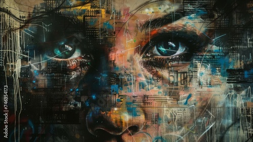 An intricate graffiti artwork on a wall depicts a woman s face blending into an abstract urban landscape  showcasing vibrant colors and expressive lines.