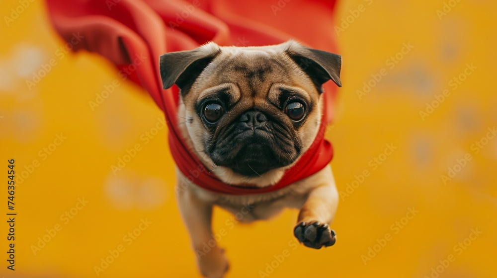 a dog in a red cape