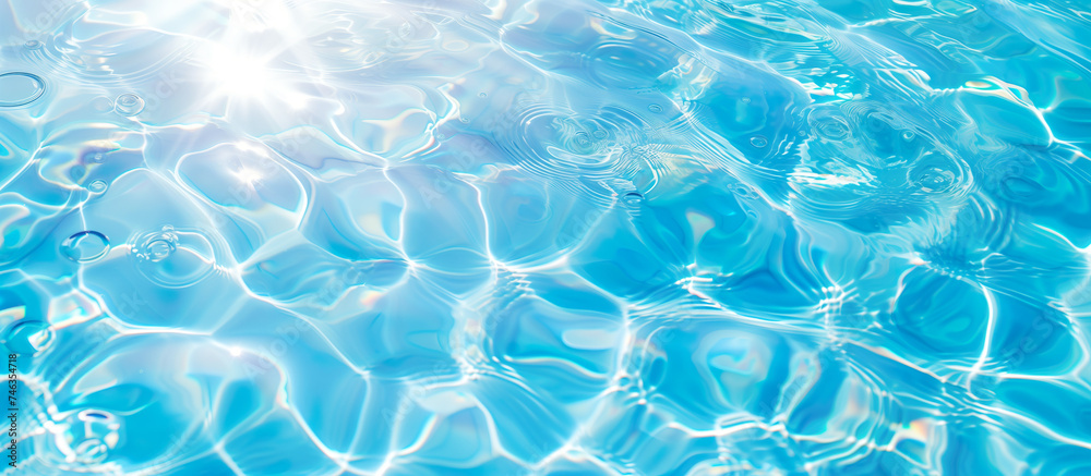 Clear blue water background with sunlight reflecting off its surface. Gentle ripples, intricate patterns. Relaxation, wellness, pool party concept.