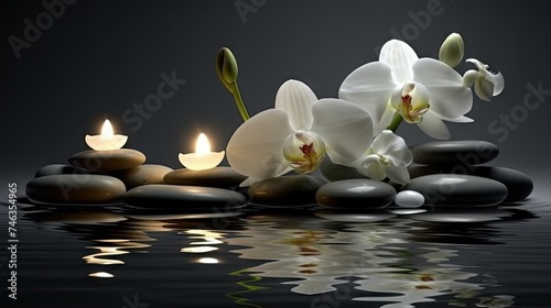 Orchids in Water  Round Stones for SPA Salon  Relaxation  Orchid Flowers and Pebbles