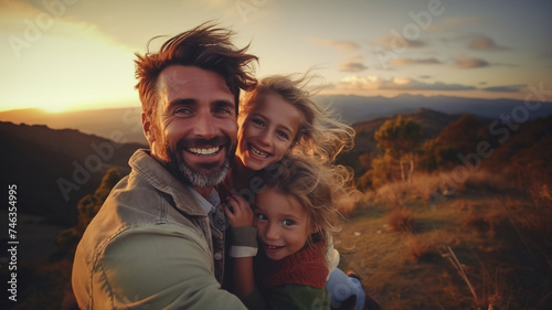 happy family laughing and looking at camera with mountain view background