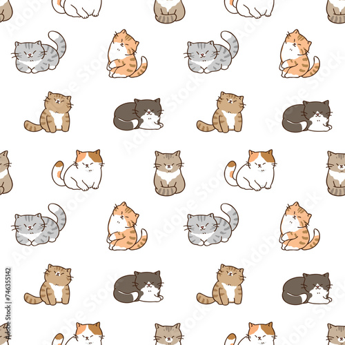 Seamless Pattern with Cute Cartoon Cat Design on White Background