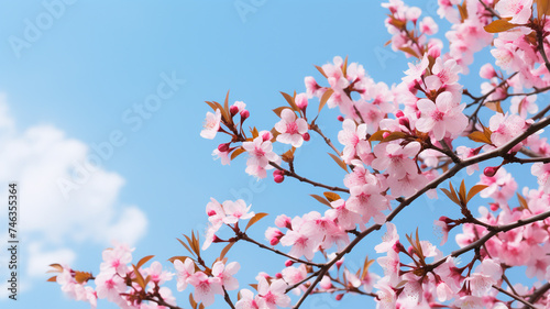 tree branches with pink flowers with blue sky