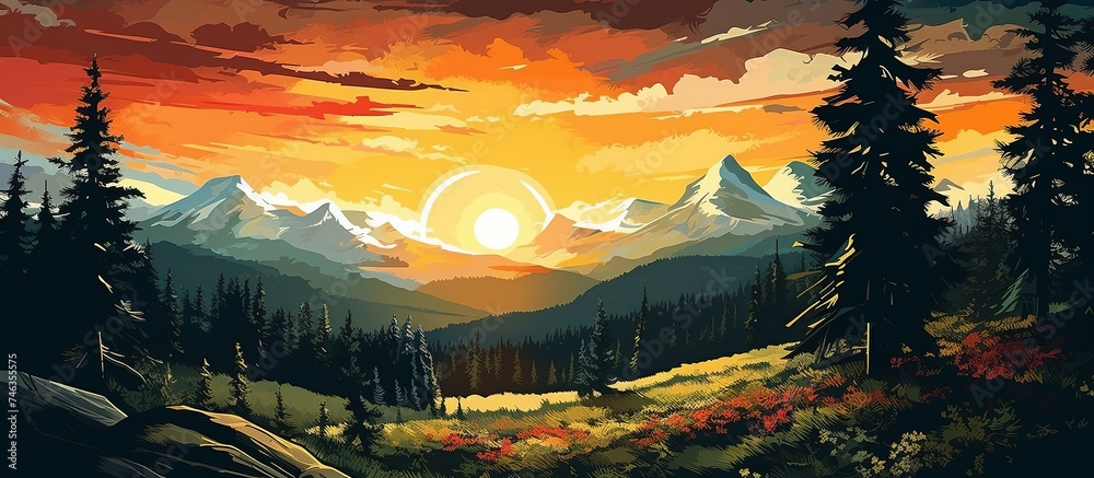 Illustration of a panorama of a forest with a mountain pattern with a pine forest in the afternoon with the sun starting to set Illustration of a panorama of a forest with a mountain pattern with a pine forest in the afternoon with the sun starting to set
