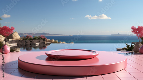 Product display stage, pink, sea background © siripimon2525