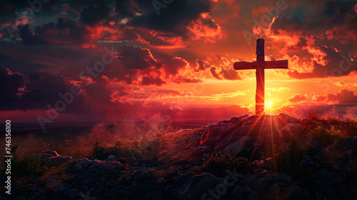 Majestic Sunset Behind the Christian Cross on a Rugged Hilltop Symbolizing Hope and Faith