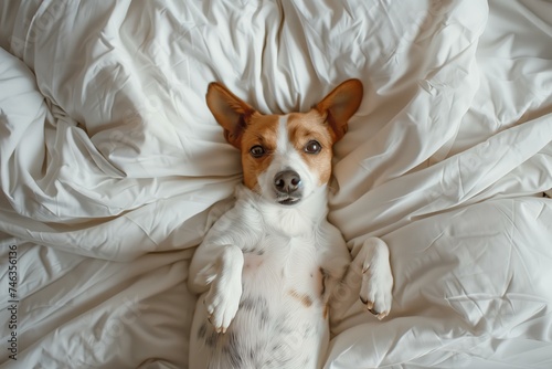 cute jack russel dog in a bed with white linens, cosy vibes