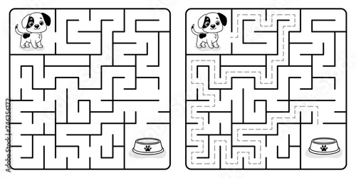 Square maze game for kids with cartoon Dog.  Puzzle Game with answer. Learning Labyrinth conundrum. Education worksheet. Activity page. Logic Games for kids. Black and white vector illustration