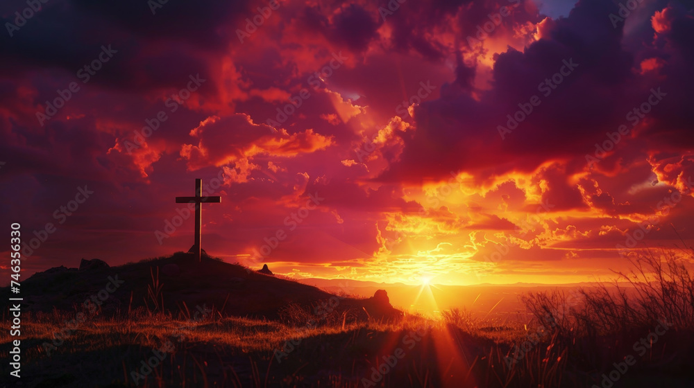 Obraz premium Majestic Sunset Behind the Christian Cross on a Rugged Hilltop Symbolizing Hope and Faith