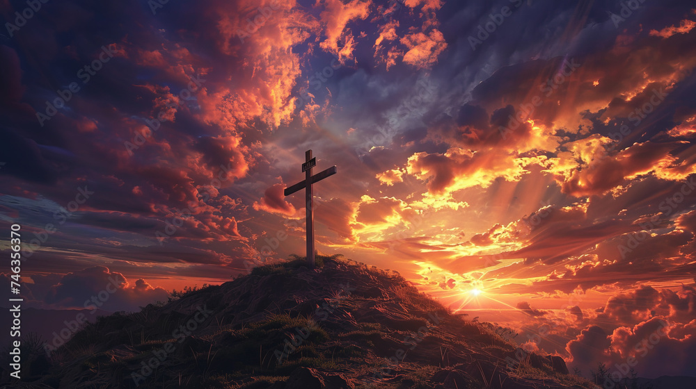 Obraz premium Majestic Sunset Behind the Christian Cross on a Rugged Hilltop Symbolizing Hope and Faith