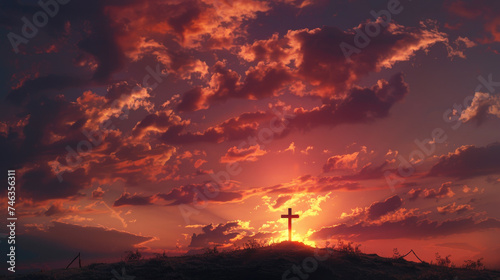 Majestic Sunset Behind the Christian Cross on a Rugged Hilltop Symbolizing Hope and Faith