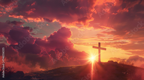 Majestic Sunset Behind the Christian Cross on a Rugged Hilltop Symbolizing Hope and Faith