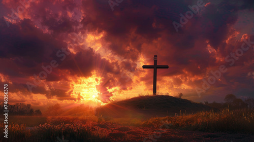 Majestic Sunset Behind the Christian Cross on a Rugged Hilltop Symbolizing Hope and Faith © Farnaces