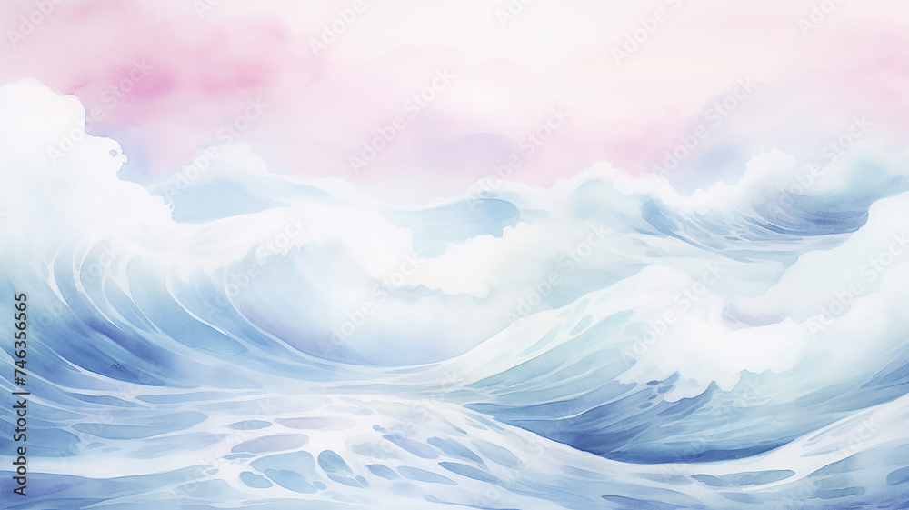 Blue and pink sea waves during a storm, background image in watercolor style with overflows - obrazy, fototapety, plakaty 