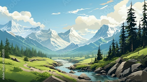 Illustration of a panorama of a forest patterned with mountains with a calm river, a highly detailed style featuring bright turquoise and blue colors, creating a captivating visual scene