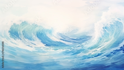Blue sea waves during a storm, background image in watercolor style