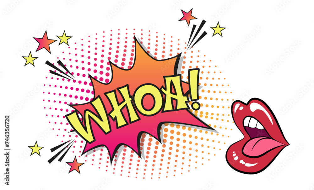 Obraz premium Comic lettering whoa. Vector bright cartoon illustration in retro pop art style. Comic text sound effects. EPS 10.