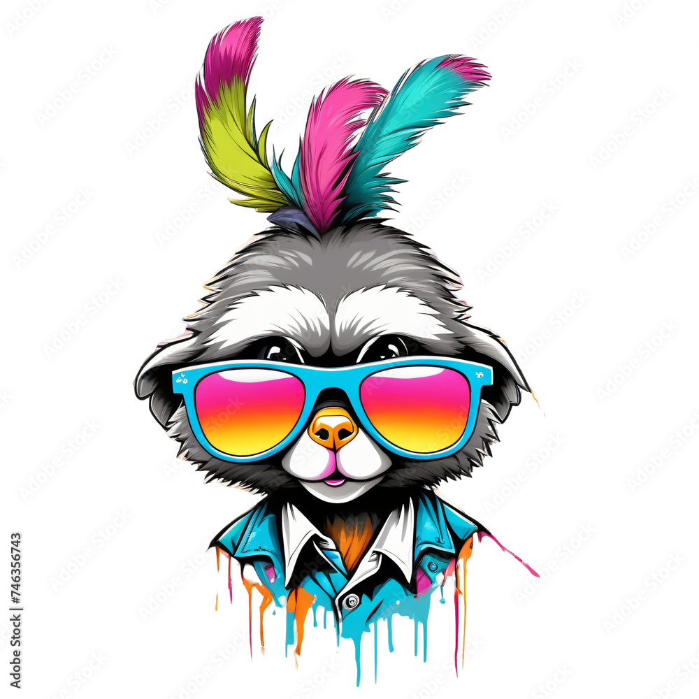 illustration of a cute hipster raccoon with colorful feathers and sunglasses