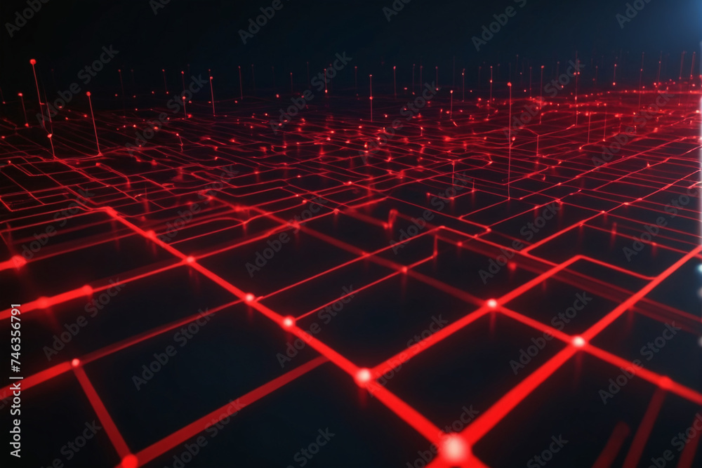 Cyber big data flow. Blockchain red data fields. Network line connect stream