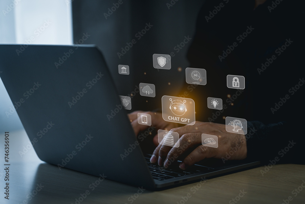 Fototapeta premium Businessman use laptop with digital chatbot, chat icons, robot application, conversation assistant, Artificial Intelligence concept, digital chatbot virtual screen. Automatic AI.