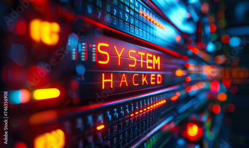 Alarming SYSTEM HACKED alert flashing on a server data panel, illustrating a cyber security breach with glowing lines of vulnerable code