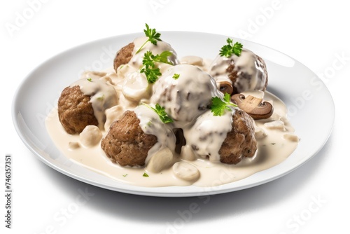 Swedish Meatballs in Bechamel Sauce, Traditional Sweden Meat Balls, Served Roasted Meat Ball Lunch
