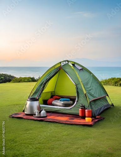 Camping tent and camping equipment on green grass with sea view background Generative AI