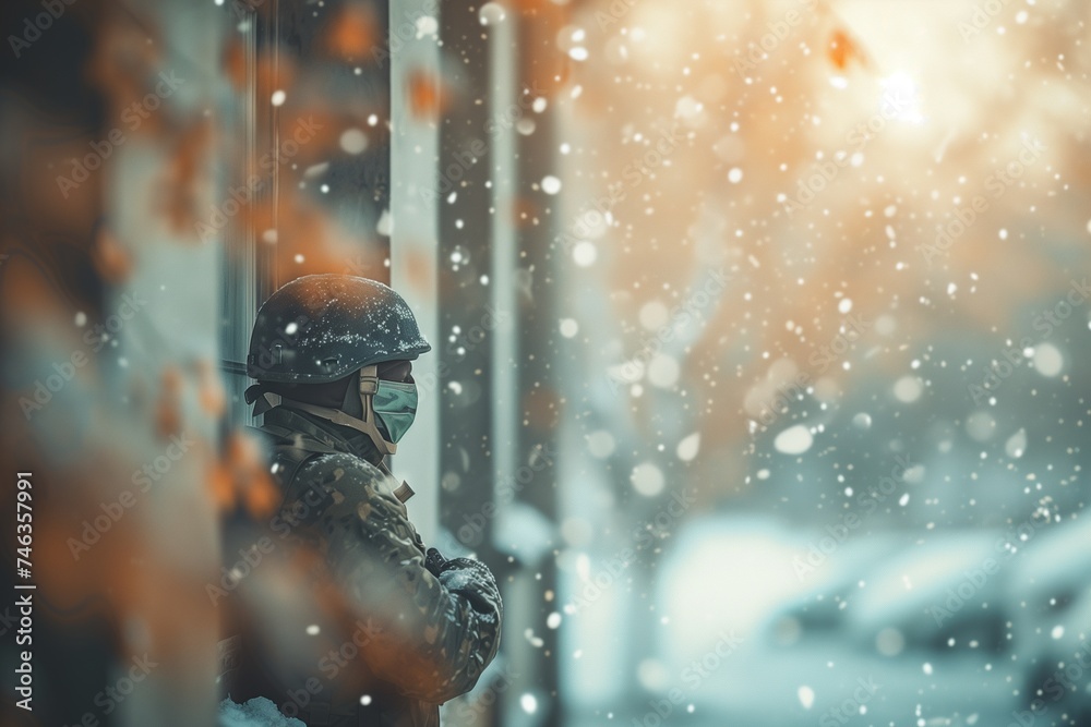 A distant view of a soldier with a mask and helmet, standing guard outside a building, snow gently falling around, creating a soft, blurred background. - obrazy, fototapety, plakaty 
