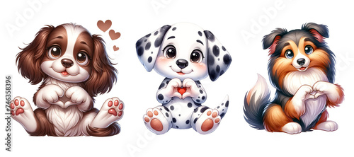 Dogs Giving Heart Hand Sign. Cute English Springer Spaniel  Dalmatian  and Collie. Watercolor Clipart 