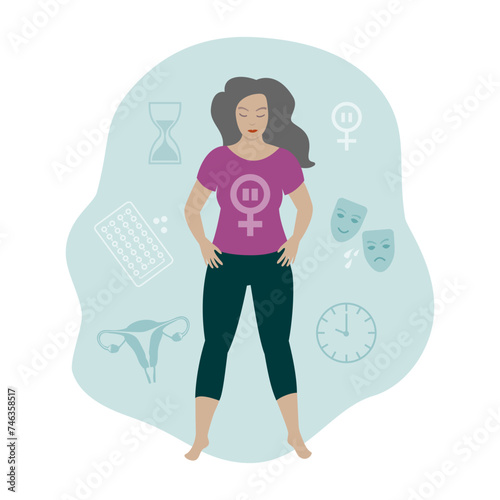 Woman and menopause, vector illustration with symbols.