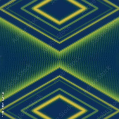 Digital 3d rendering illustration with symmetrical abstract design with yellow glowing waves on dark blue background