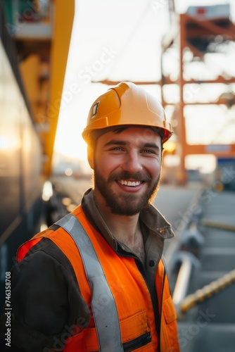 Cheerful port worker in orange safety gear with a confident smile embodying hard work and dedication