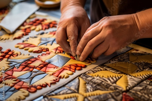 Baker's hands meticulously piping Appalachian-inspired quilt designs onto cookie dough, each stroke capturing the spirit of traditional Appalachian craftsmanship