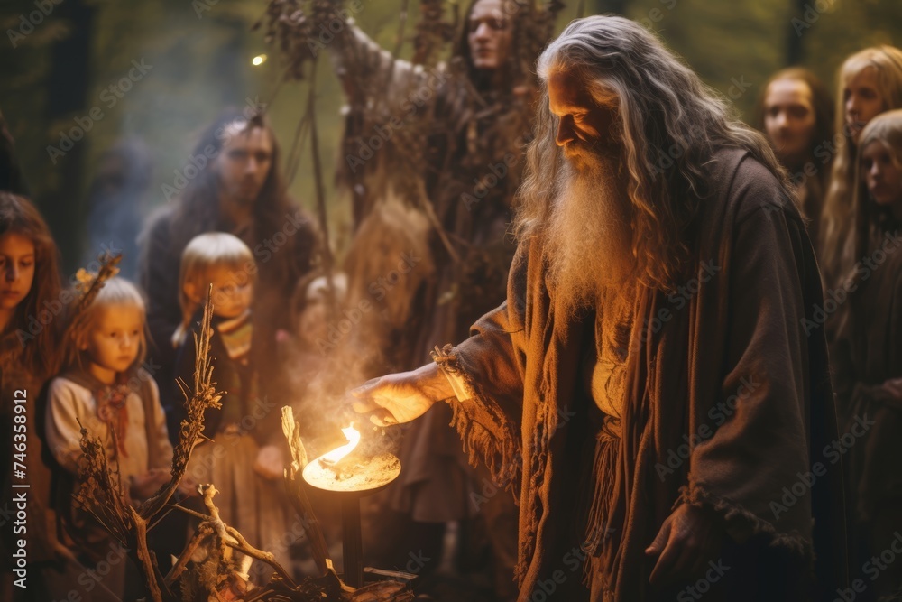 
Druid priest in his 60s leading a solstice ritual, with participants of all ages gathered around a sacred bonfire in a mystical forest