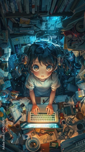 Aerial view of a chibi girl organizing her digital life, laptop aglow, amidst a clutter of cute stationery