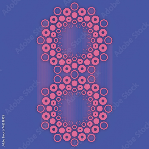 Blue background with pink circles and ovals. 3d rendering digital illustration