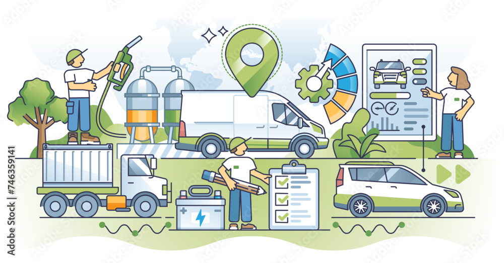 Fleet management with modern logistics monitoring system outline concept, transparent background. Vehicle maintenance and charging in effective freight business station illustration.