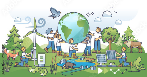Environmental science as physics, biology and geography study combination outline concept, transparent background. Sustainable future solutions.