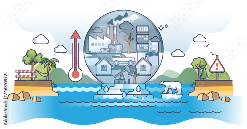 Greenhouse gases caused water level rising from ice melting outline concept, transparent background. Global warming and climate change from industrial emissions and CO2 pollution illustration.