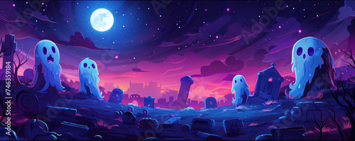 Panoramic view of chibi ghosts having a midnight party, dancing around ancient tombstones under starlight photo