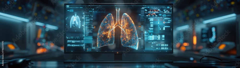 Wide angle of radiology work on virtual human lungs, medical environment - obrazy, fototapety, plakaty 