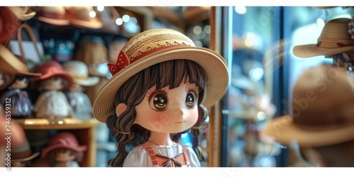 The reflection of a chibi girl trying on hats in a boutique mirror, a quest for the perfect accessory photo